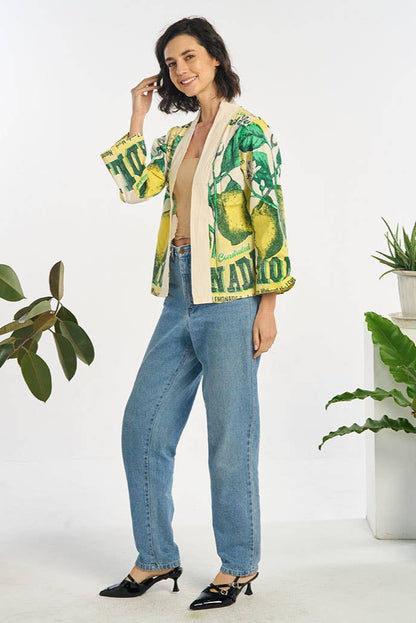 Sour Lemon Printed Cropped Cardigan Summer Jacket