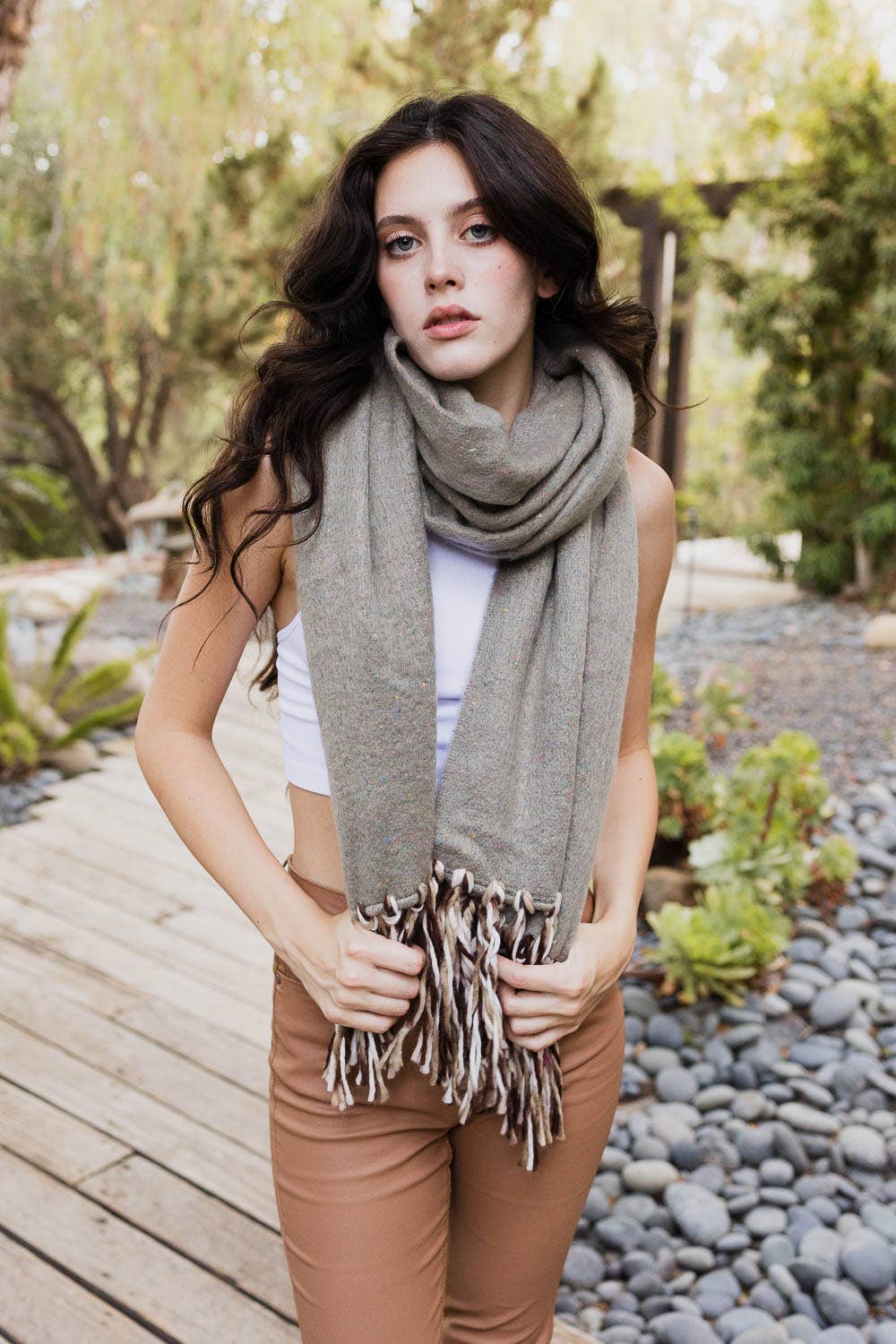 Sale - Colorful Speckle Frayed Border Bohemian Scarf in Gray