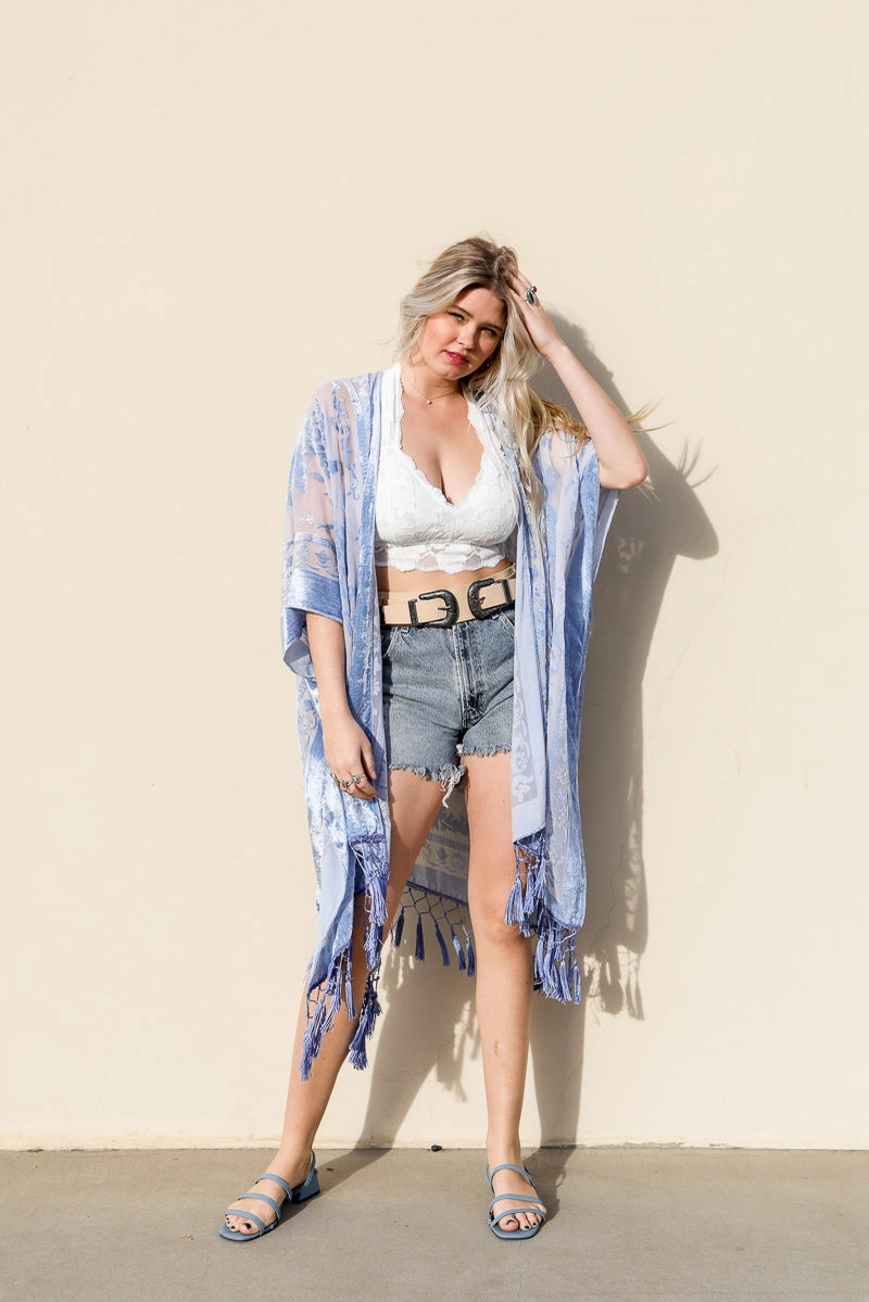 Sale - Victoria Velvet Burnout Mesh Tassel Kimono