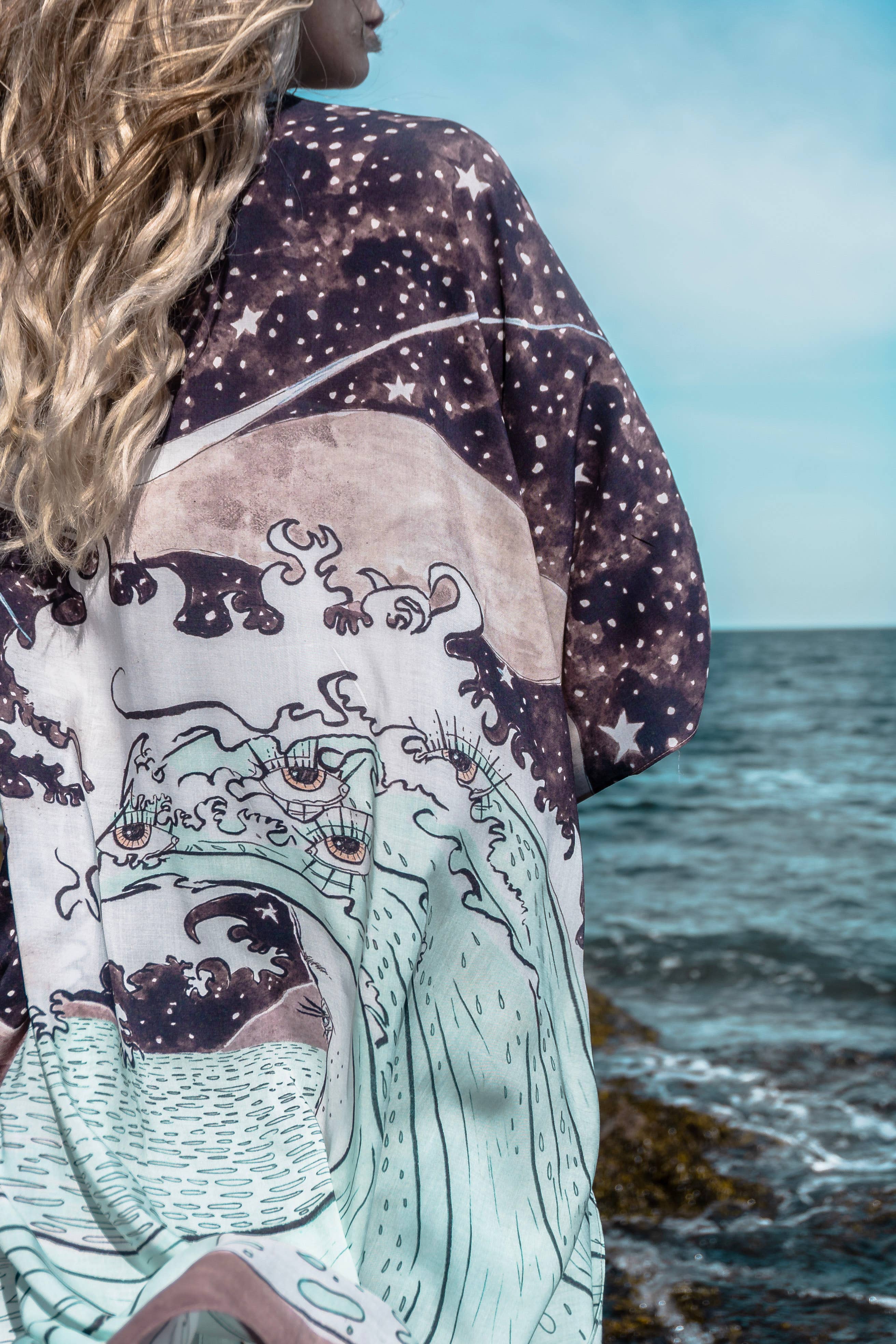 Moonstruck Bohemian Goddess Starduster Kimono w/ Waves