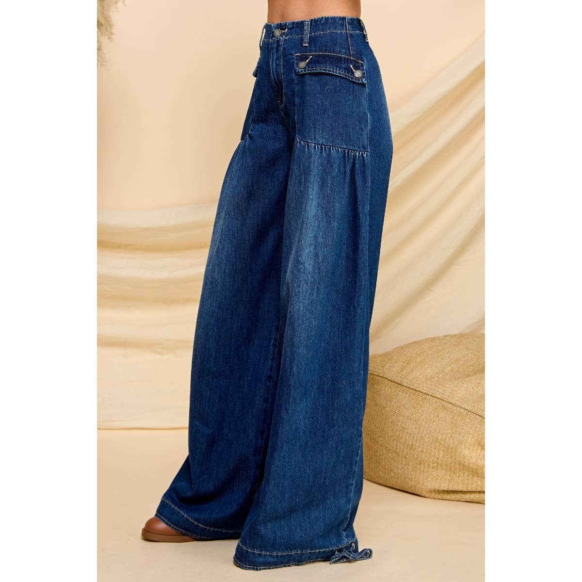 Nicole Ankle Drawstring Wide Denim Pants