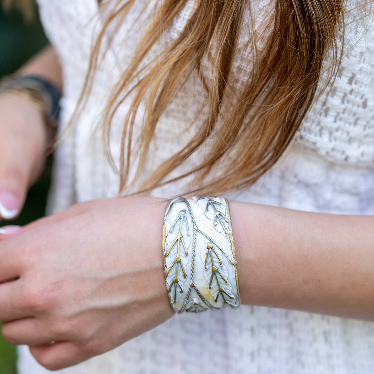 Brass Patina Cuff Bracelet - White Leaves