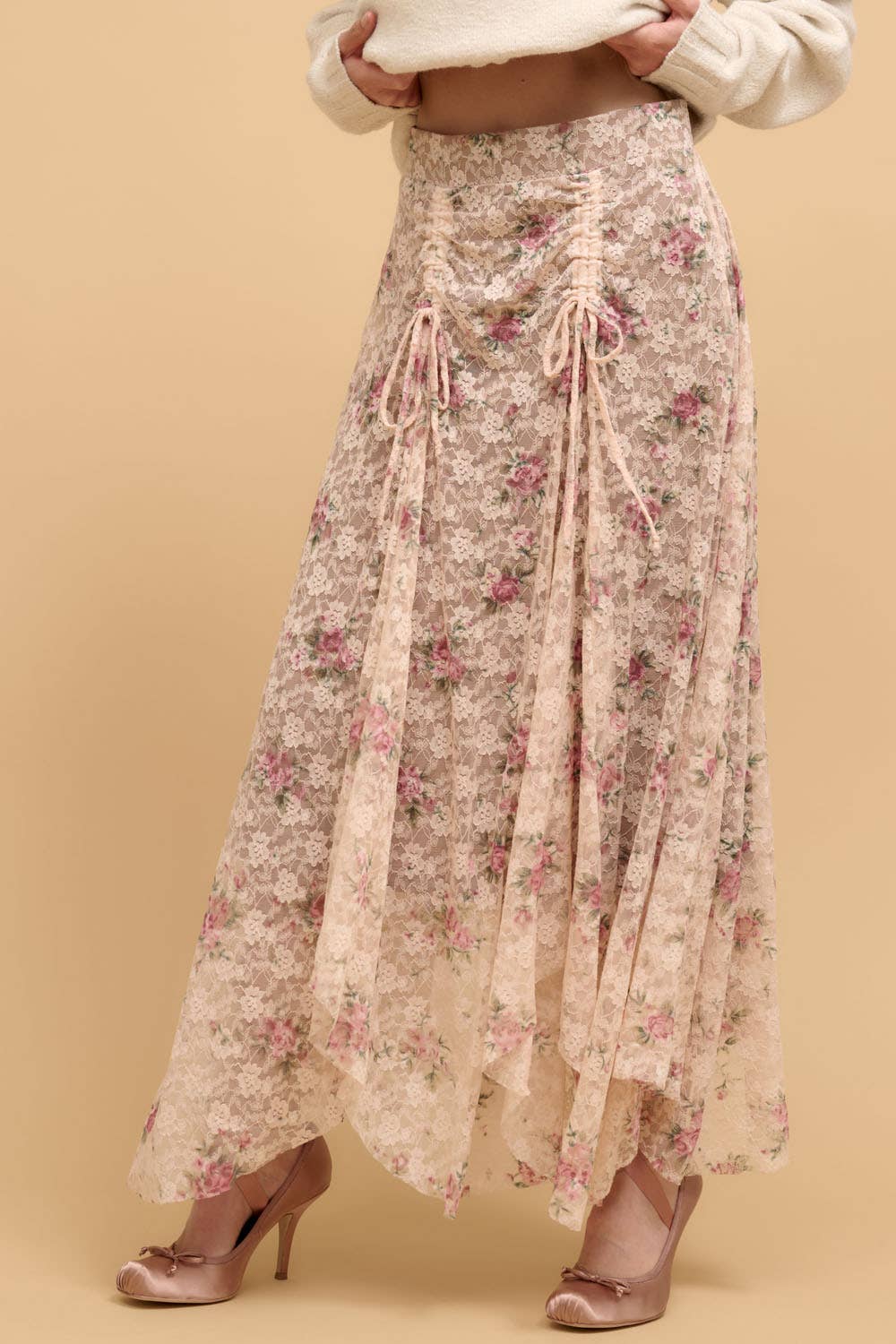 Sale - Rose Garden Floral Handkerchief-Hem Lace Maxi Skirt