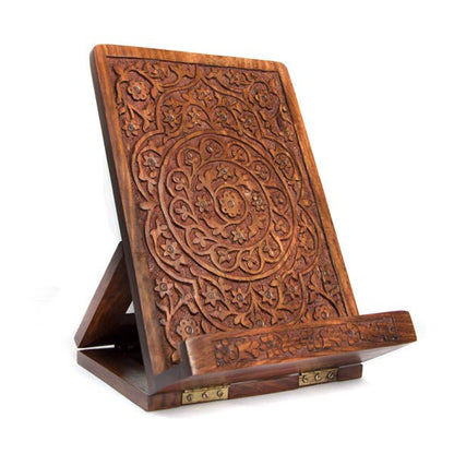 Mandala Floral Cookbook Stand - Carved Indian Rosewood