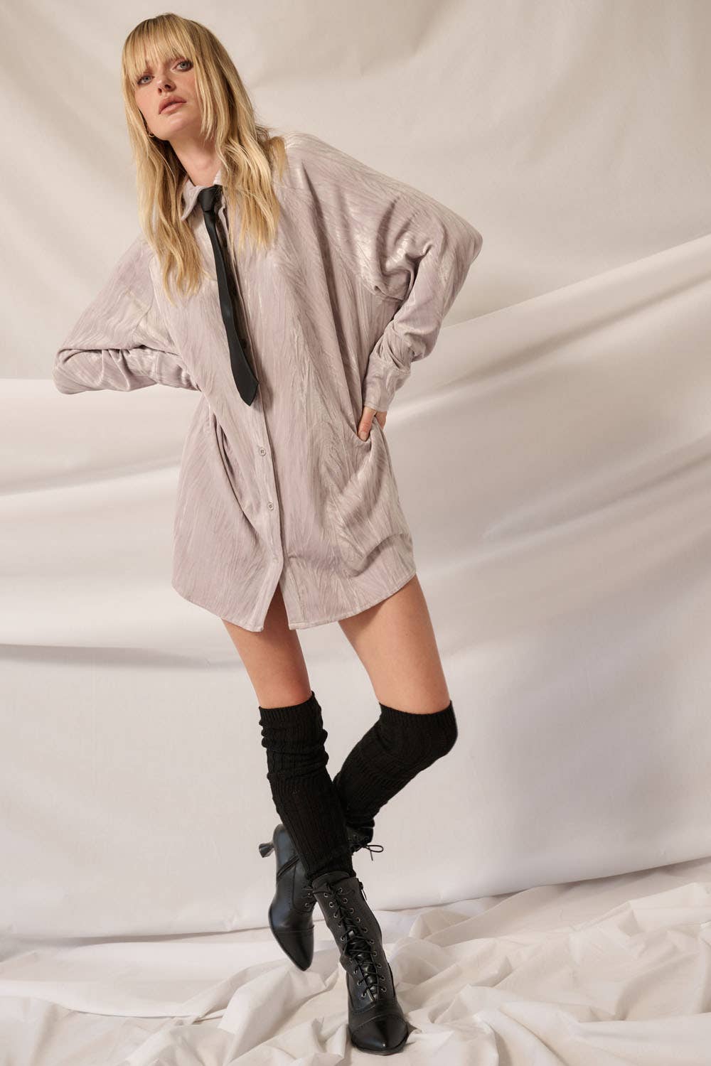 Final Sale - So Cool Metallic Crinkle Velvet Button-Up Mini Shirt Dress