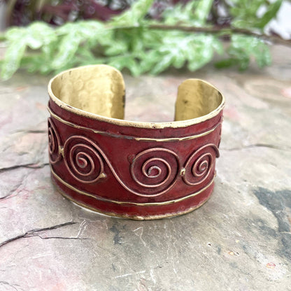 Brass Patina Cuff Bracelet - Red Swirls