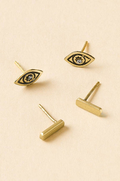 Ruchi Evil Eye Tiny Bar Gold Stud Earrings Set of 2