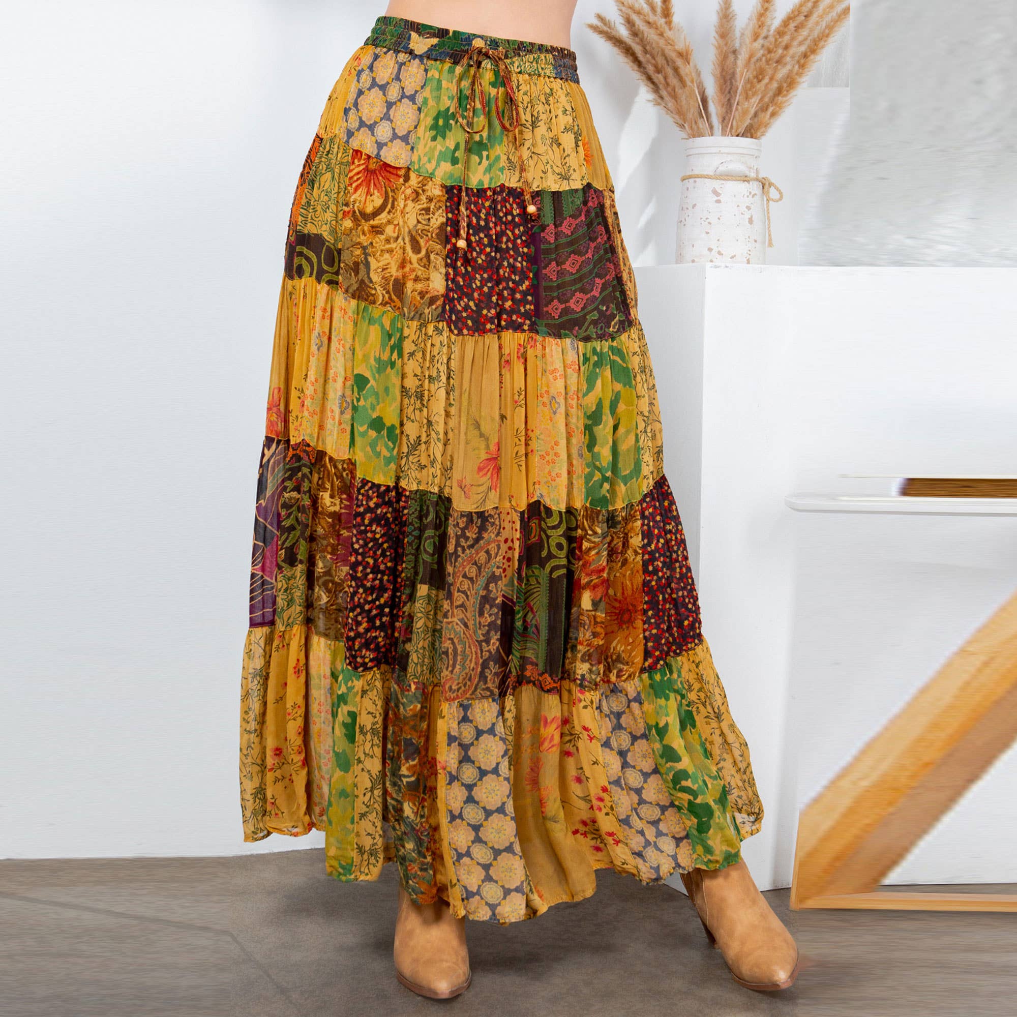 Final Sale - Rustic Bohemian: Patchwork Maxi Skirt