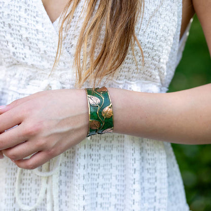 Brass Patina Cuff Bracelet - Green Leaves & Vines