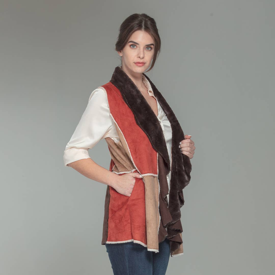 The Roxy Faux Suede Patchwork Open Front Vest Faux Fur Lined: Brick Multi