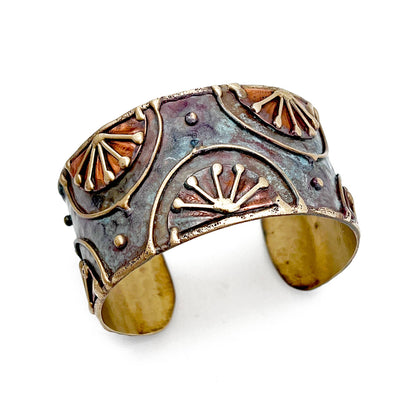 Brass Patina Cuff Bracelet - Rustic Blue Rising Sun