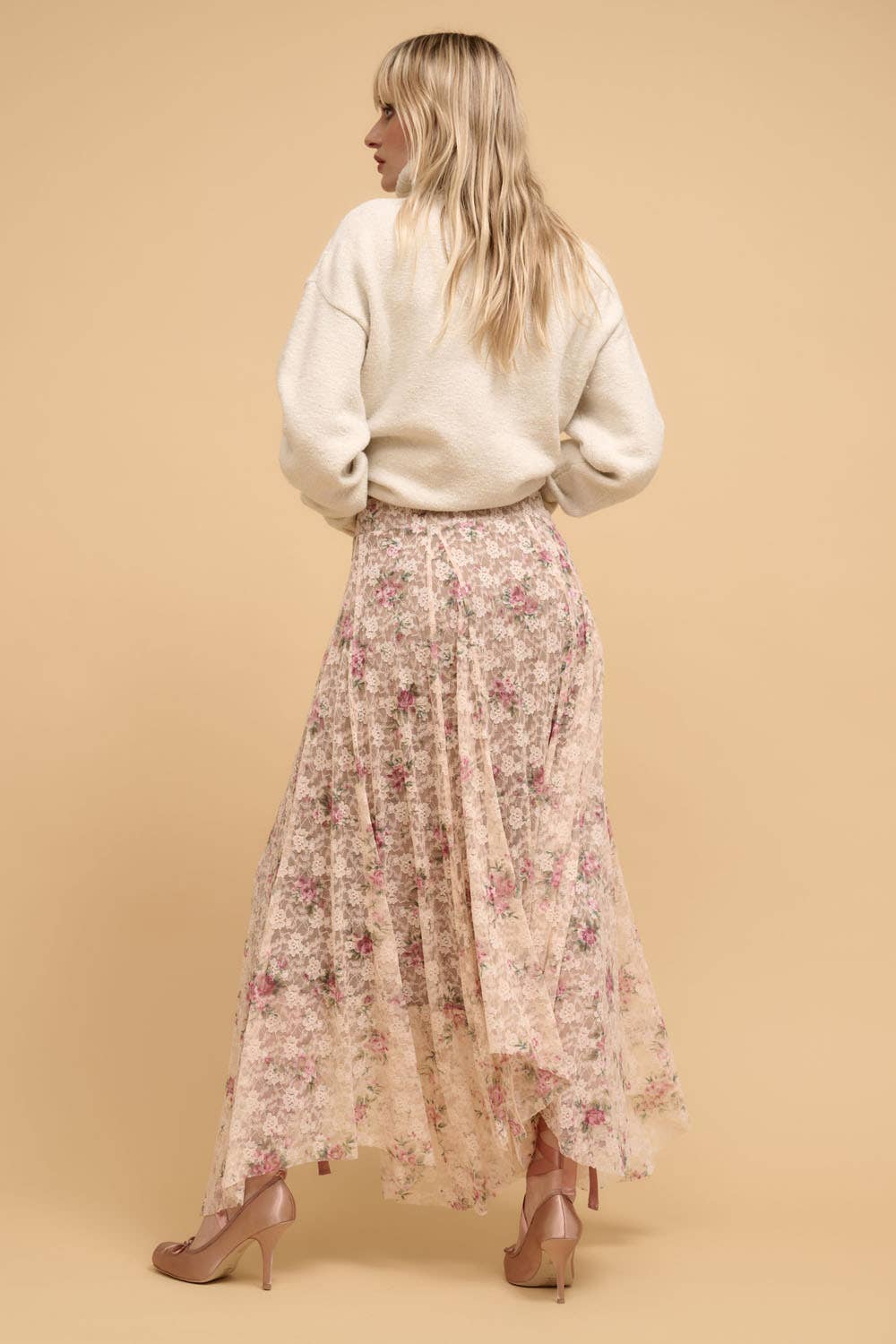 Sale - Rose Garden Floral Handkerchief-Hem Lace Maxi Skirt