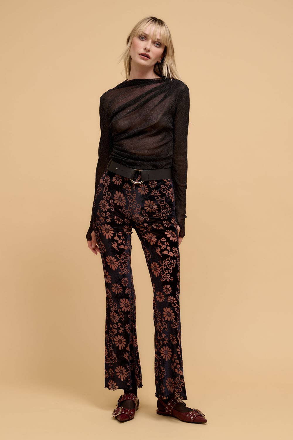 Sale - Annabel Floral Burnout-Velvet High-Waist Flared Pants