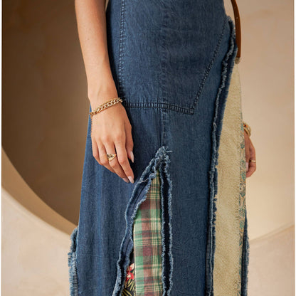 SALE Whimsy Western Boho Chic Patch Inserted Denim Midi Skirt