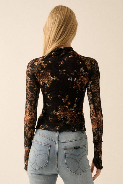 Floral-Print Lace Mock-Neck Long-Sleeve Top