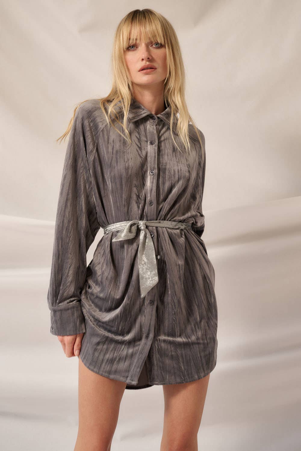 Final Sale - So Cool Metallic Crinkle Velvet Button-Up Mini Shirt Dress