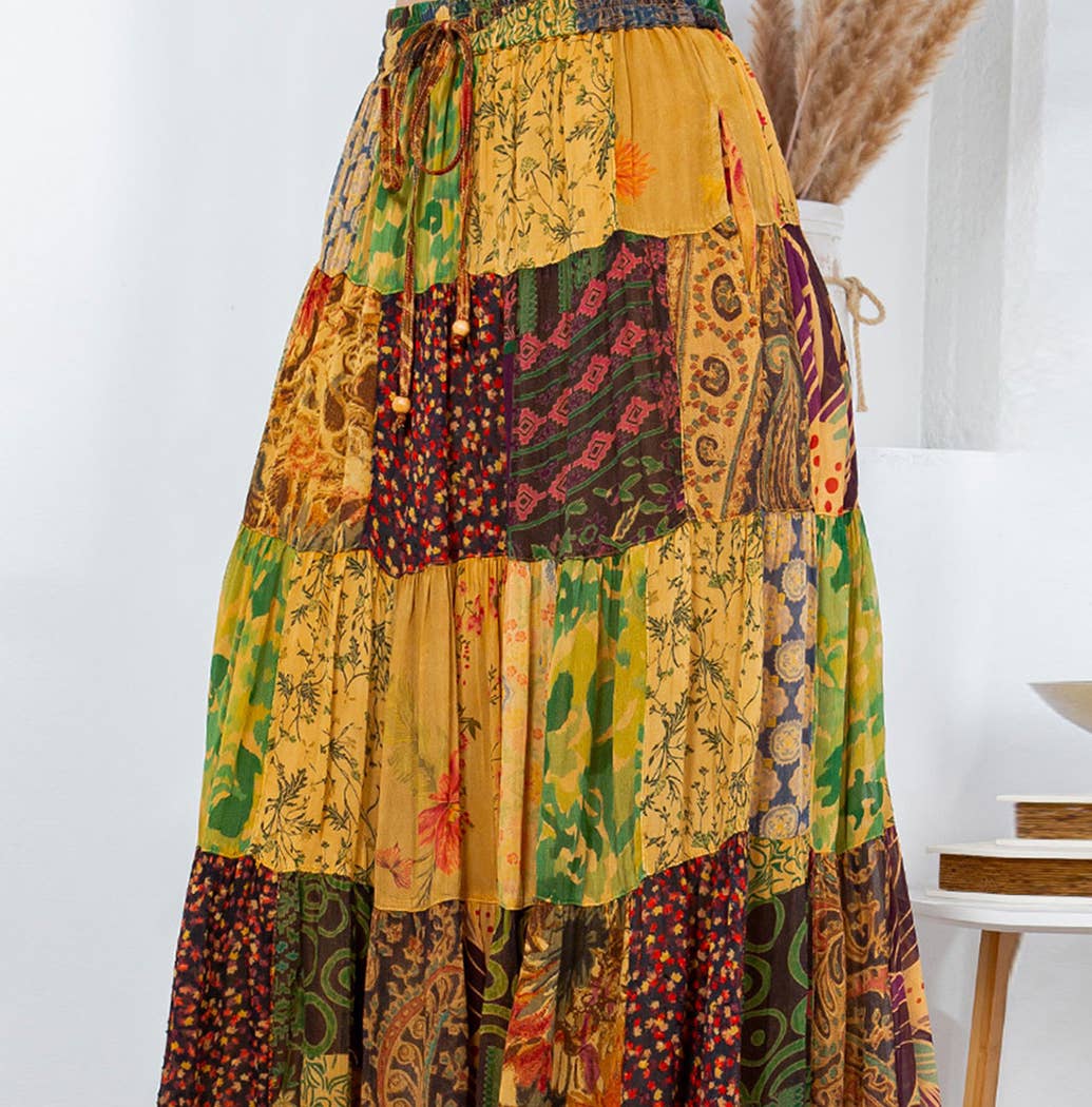 Final Sale - Rustic Bohemian: Patchwork Maxi Skirt