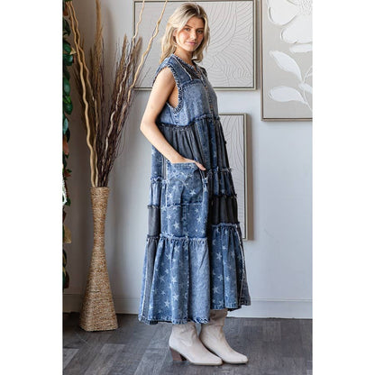 Take Me Away Flared Denim Button Down Vest Dress