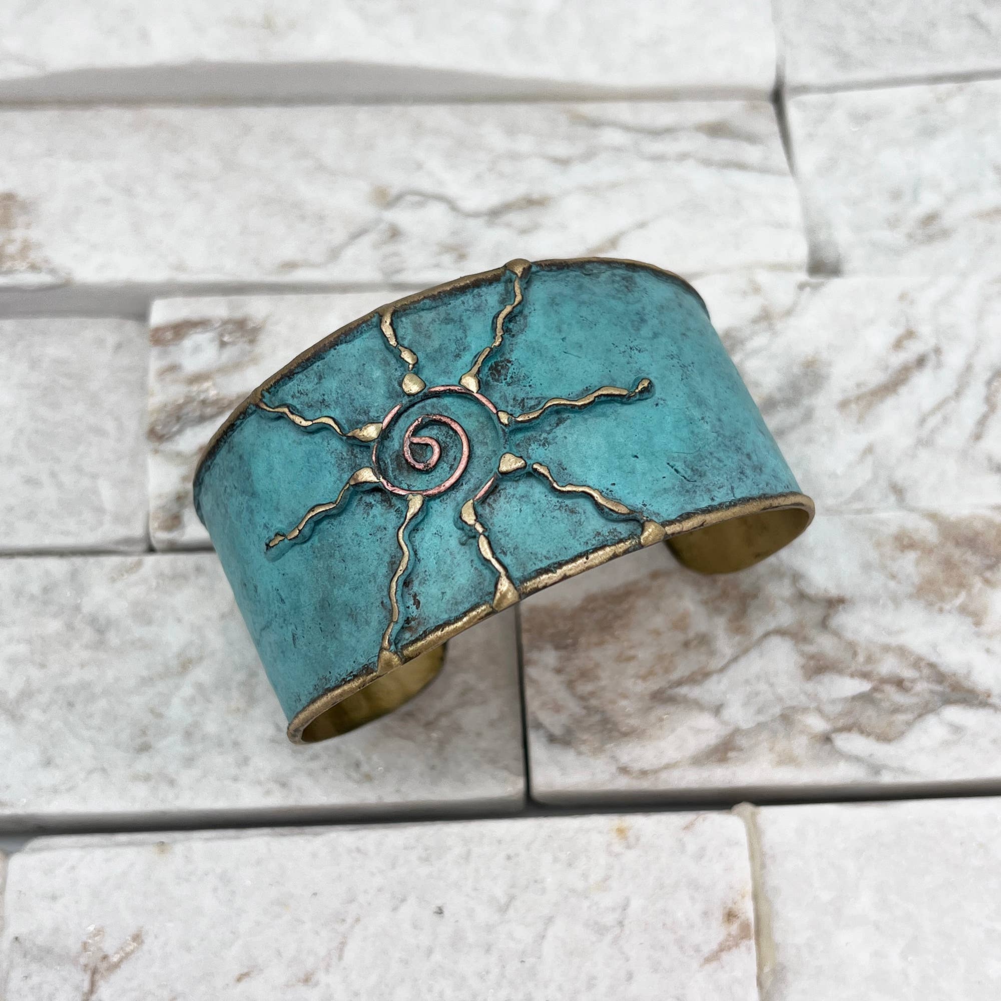 Brass Patina Cuff Bracelet - Light Blue Sun