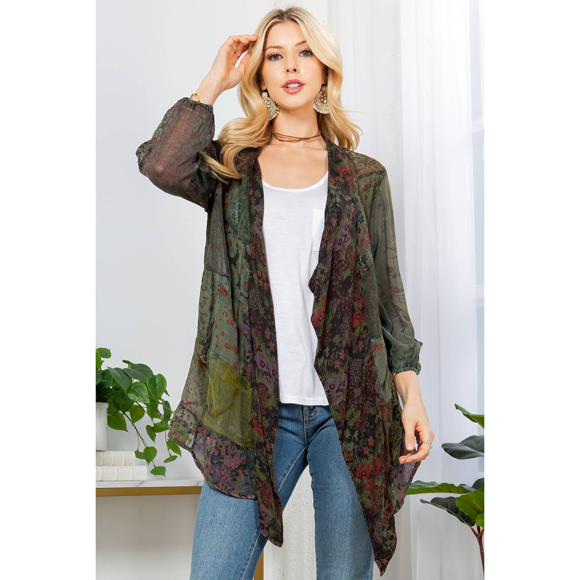 Final Sale - Western Kimono Shrug In Overdyed Mix N Match Patches