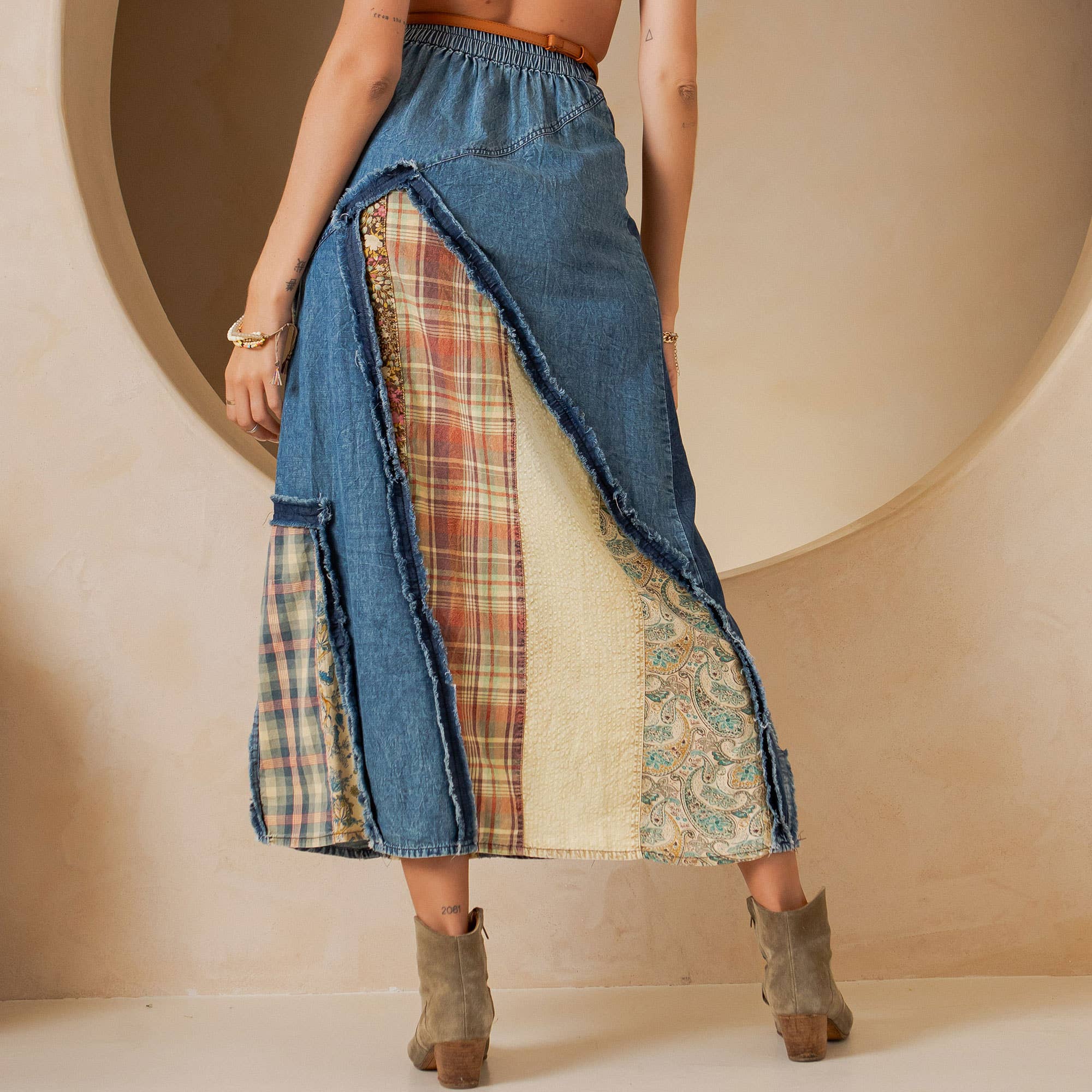 SALE Whimsy Western Boho Chic Patch Inserted Denim Midi Skirt