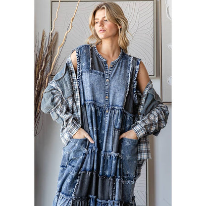 Take Me Away Flared Denim Button Down Vest Dress