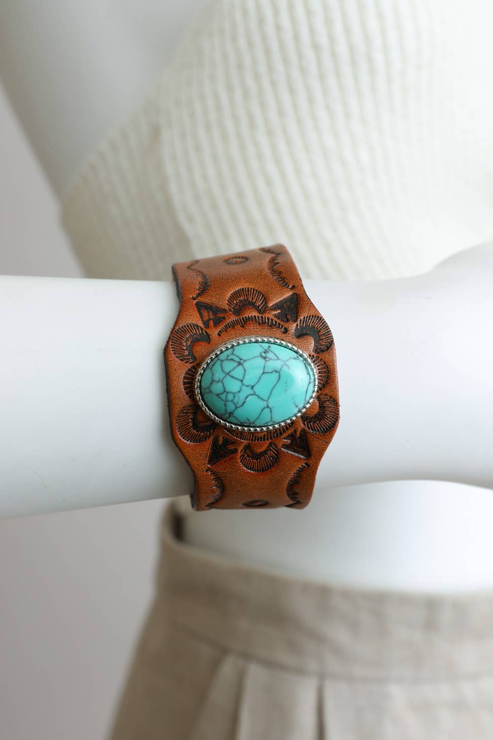 Boho Turquoise Stone Camel Leather Cuff Bracelet