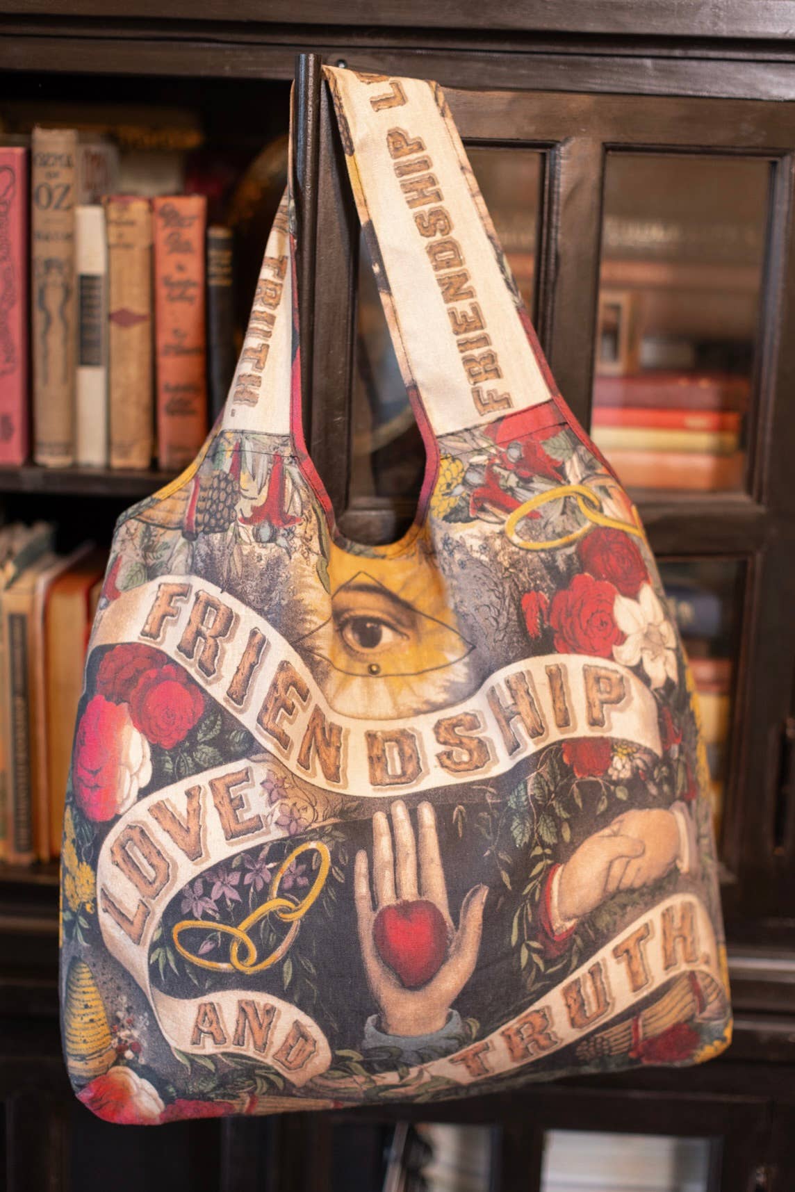 Friendship Love & Truth Linen Tote Bag w Vintage Heart Print