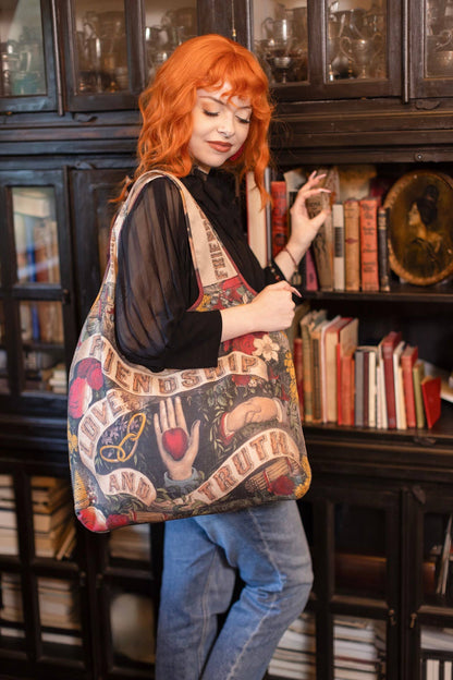 Friendship Love & Truth Linen Tote Bag w Vintage Heart Print