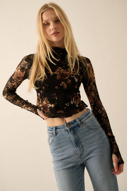 Floral-Print Lace Mock-Neck Long-Sleeve Top