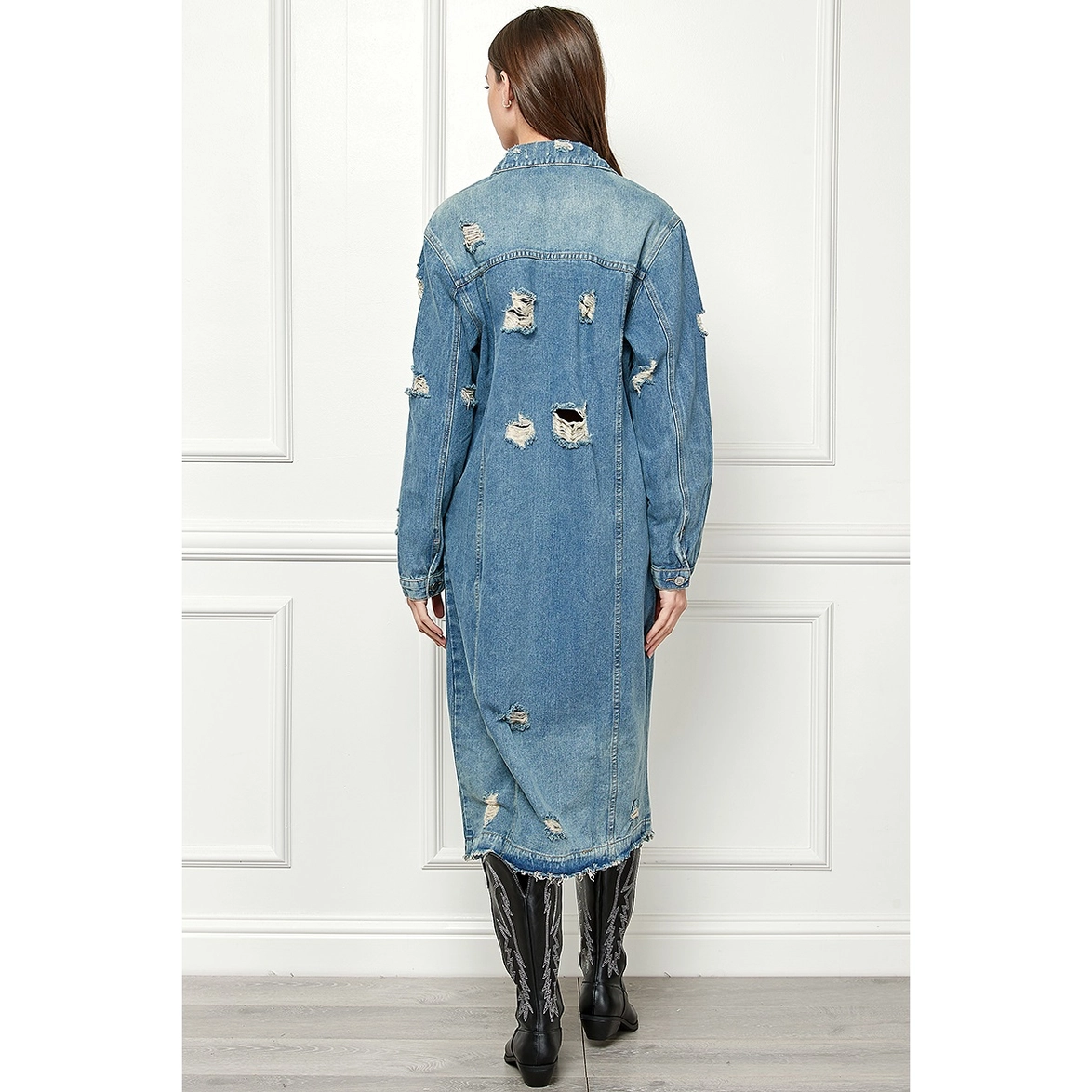 Final Sale - Jenny Distressed Light Wash Denim Long Jacket