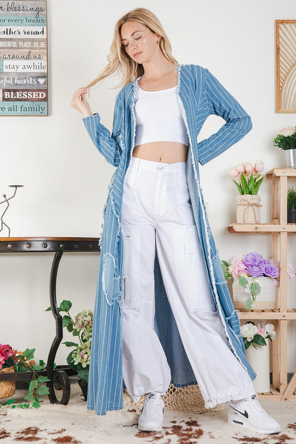 The Everyday Casual Long Sleeve Frayed Denim Duster Jacket