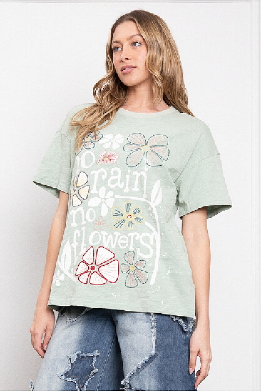 No Rain No Flowers Easy Pullover Tee in Sage Green