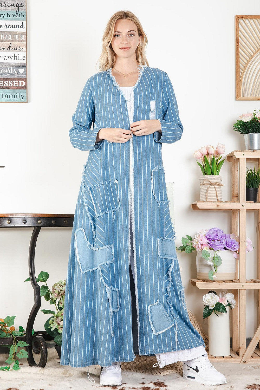 The Everyday Casual Long Sleeve Frayed Denim Duster Jacket