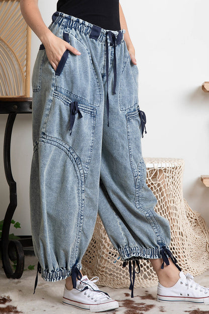 DENIM CARGO DRAWSTING PANTS