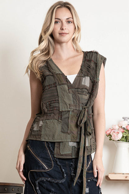 Nikki Washed Patched Unbalanced Vest with Tie