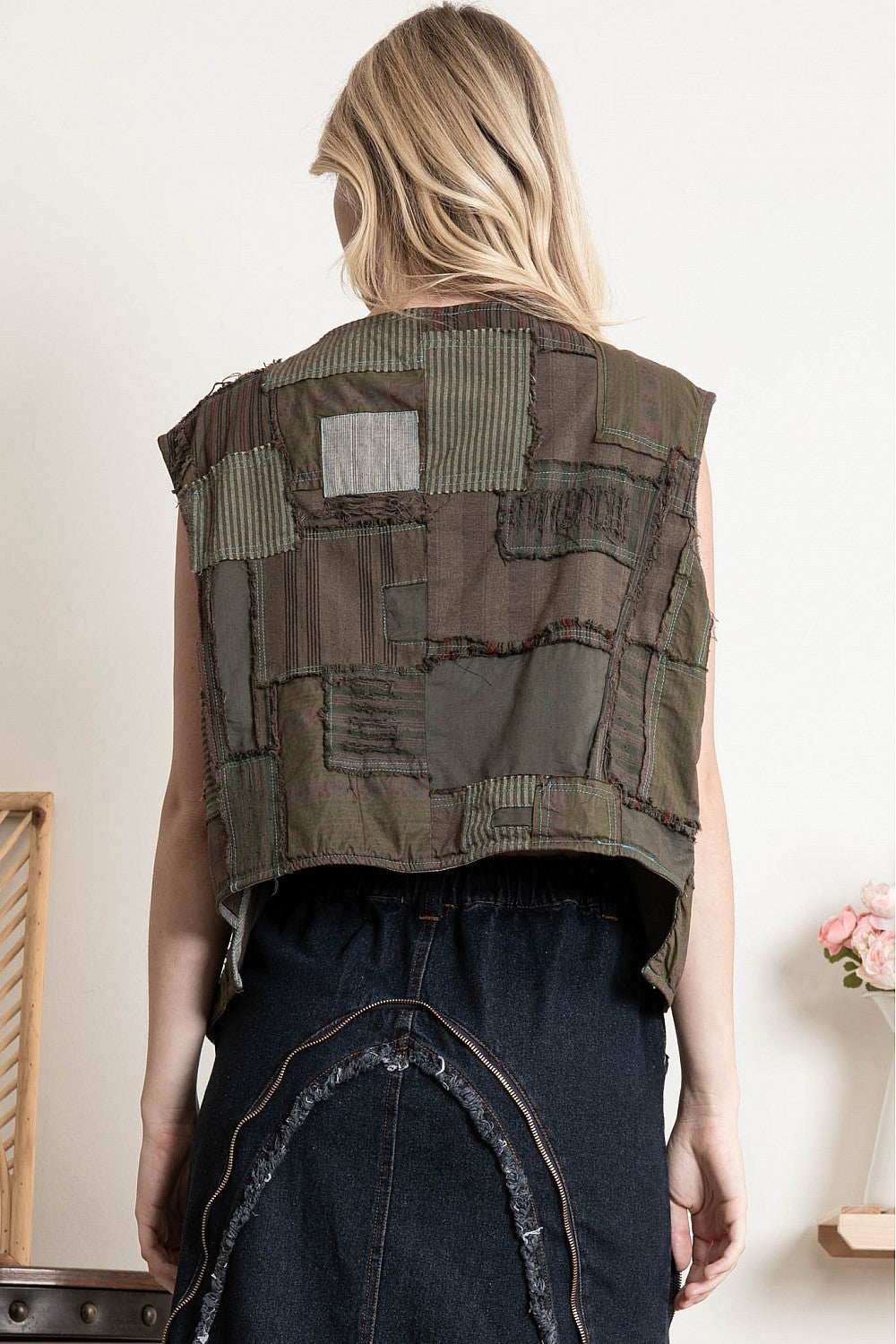 Nikki Washed Patched Unbalanced Vest with Tie