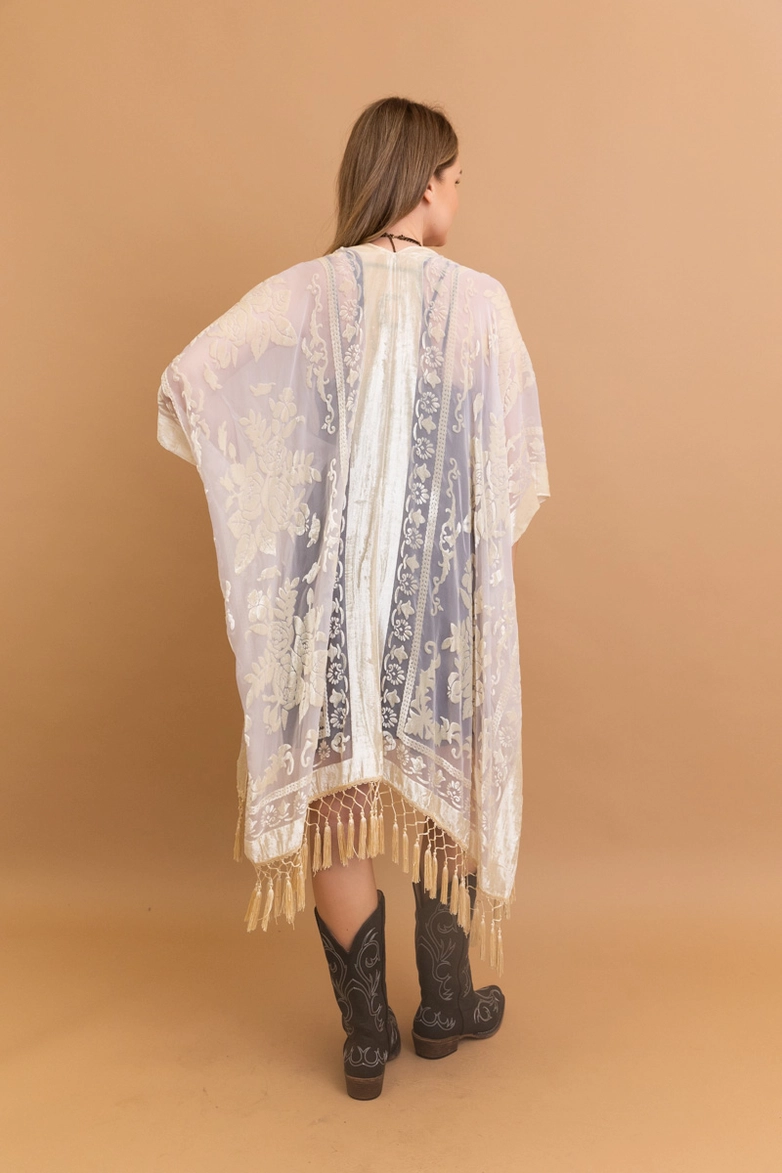 Sale - Victoria Velvet Burnout Mesh Tassel Kimono