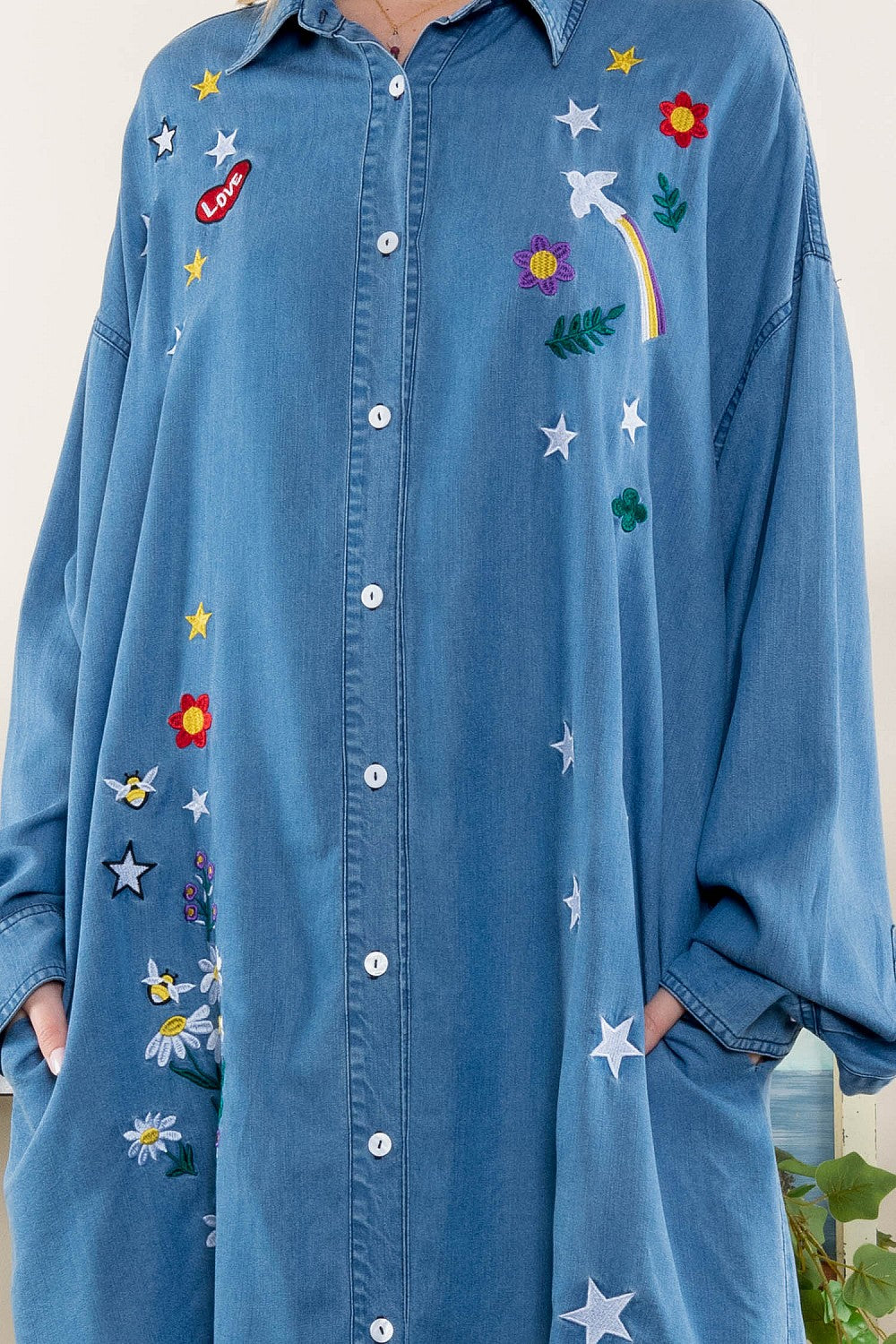 Just Twirl Denim Embroidered Button Down Tunic Dress