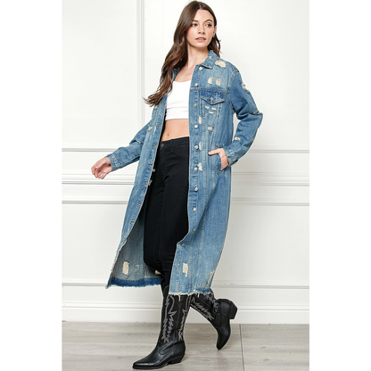 Final Sale - Jenny Distressed Light Wash Denim Long Jacket