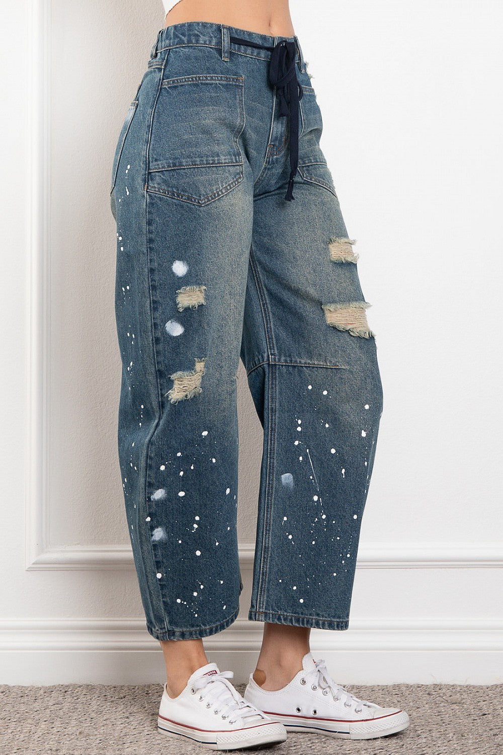 Cowgirl Up Splatter Effect Barrel Jeans w/ Rope Belt