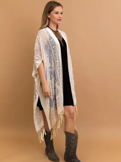 Sale - Victoria Velvet Burnout Mesh Tassel Kimono