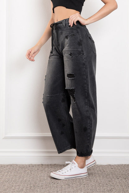 Josephine Washed Distressed Barrel Jean w/ Rope Belt