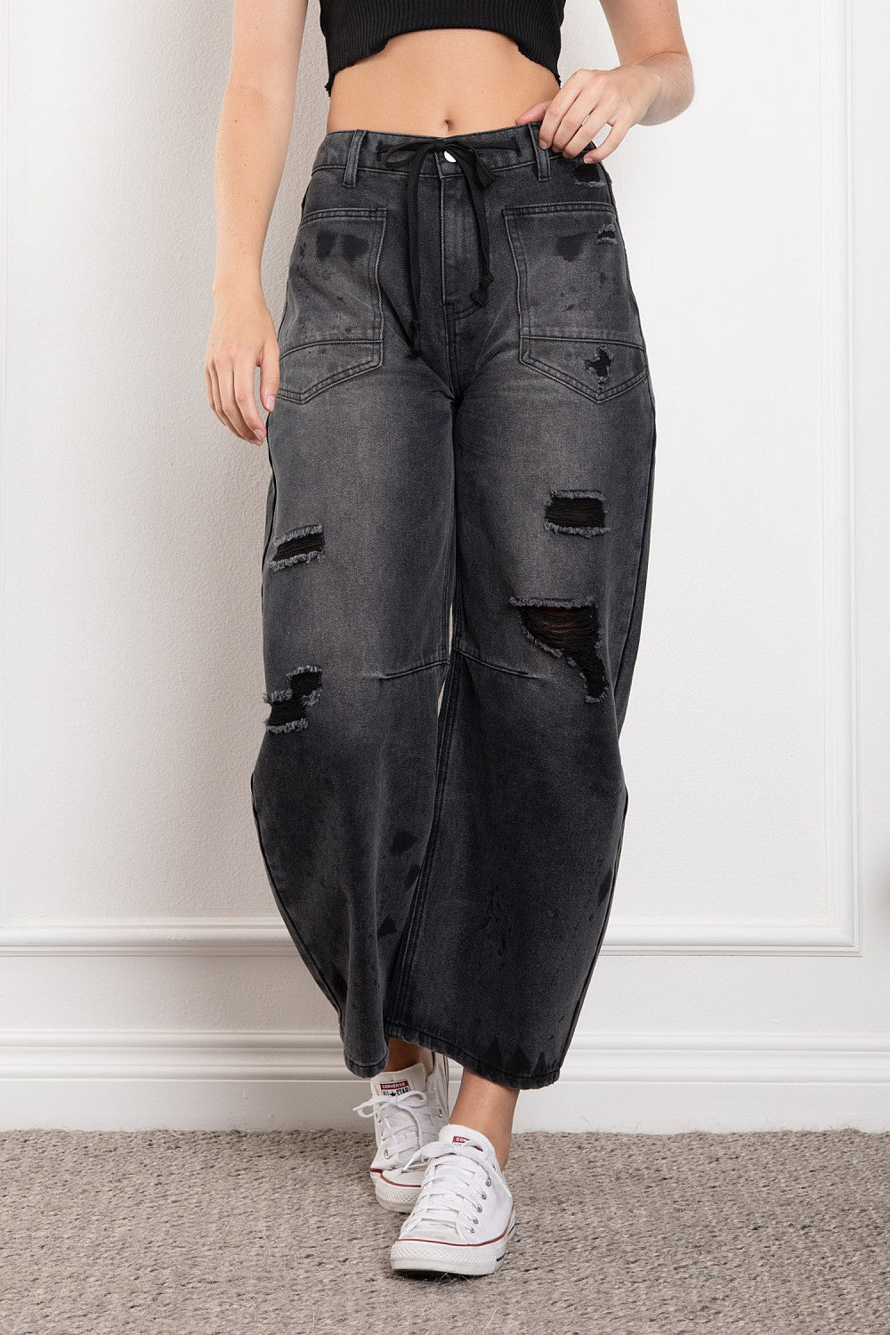 Josephine Washed Distressed Barrel Jean w/ Rope Belt