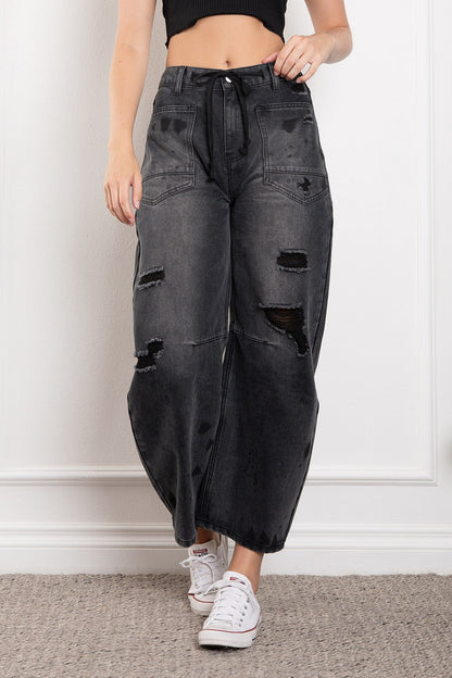 Josephine Washed Distressed Barrel Jean w/ Rope Belt