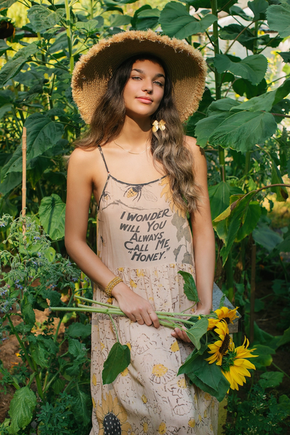 Milk & Honey Bohéme Long Maxi Slip Dress w/ Bee, Sunflower