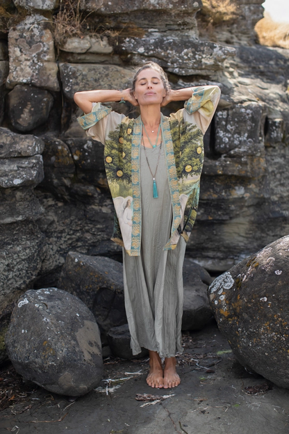 Tree of Life Matinée Duster Kimono w/ Dove Print Mid-Length