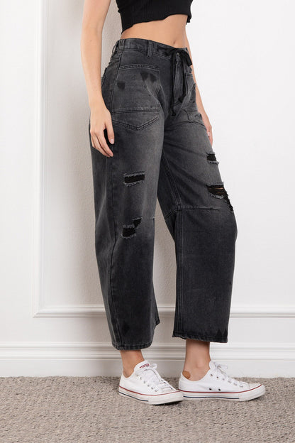 Josephine Washed Distressed Barrel Jean w/ Rope Belt