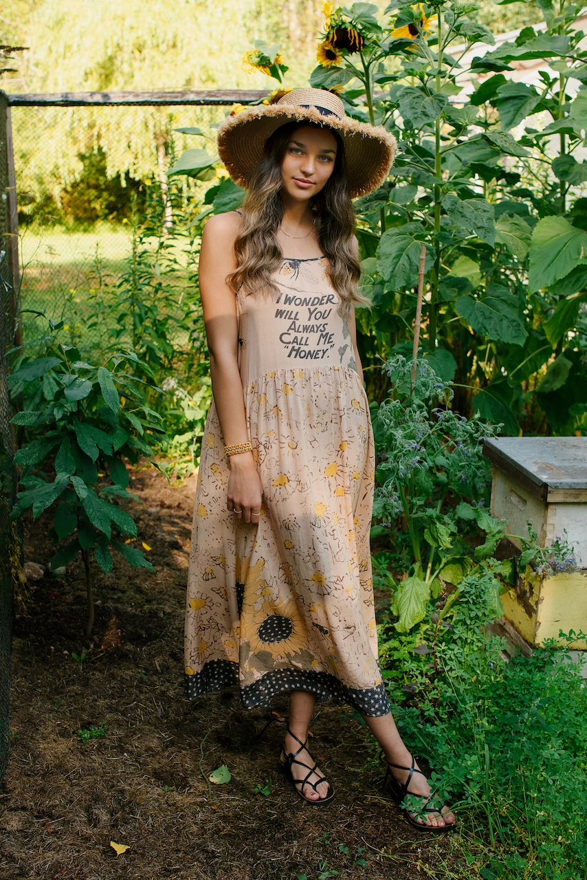 Milk & Honey Bohéme Long Maxi Slip Dress w/ Bee, Sunflower