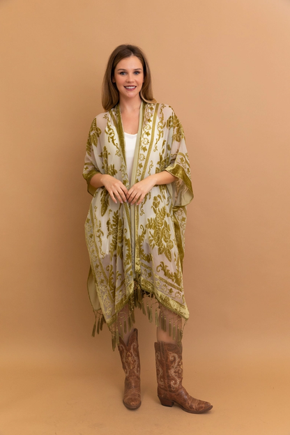 Sale - Victoria Velvet Burnout Mesh Tassel Kimono